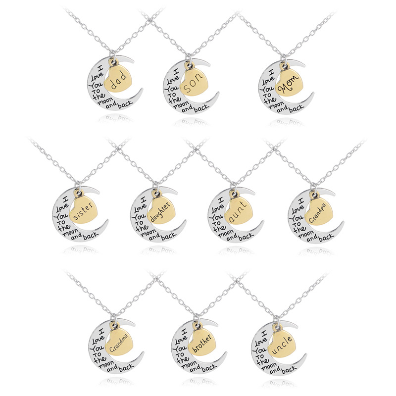 

I Love You to the Moon And Back Necklace Silver Moon Heart Family Mom Dad Brother sister Pendant Necklaces women Jewelry Drop Shipping