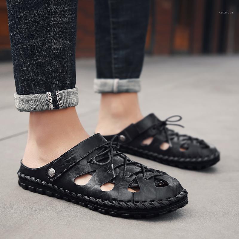 

Genuine Leather Men Summer Sandals Vintage Style handmade sewing breathable outdoor fashion Male Casual Beach Shoes men1, Black