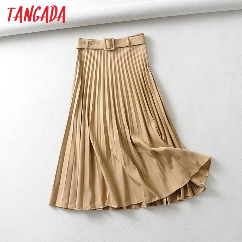 

Tangada women khaki pleated midi skirt vintage with belt solid female office ladies work wear chic mid calf skirts 6A306 Y200326