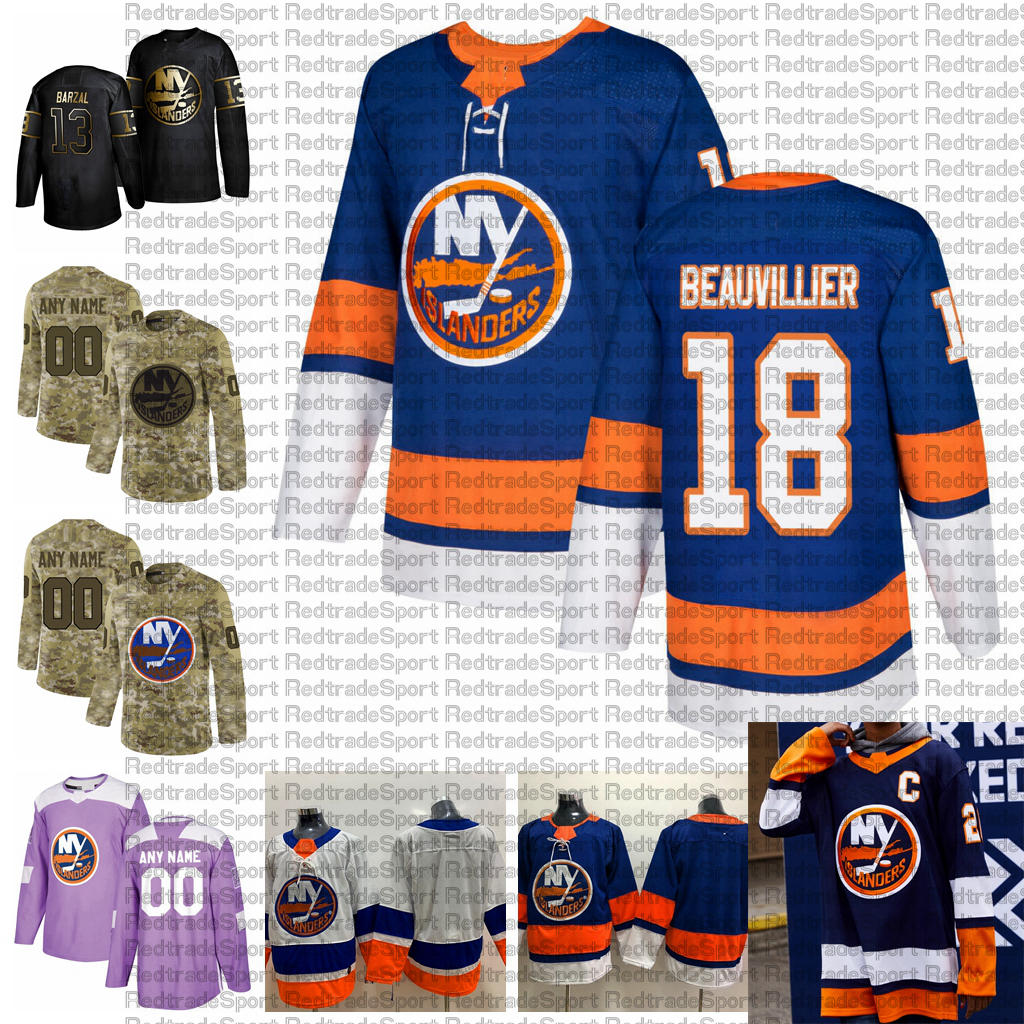 

2021 Customize 18 Anthony Beauvillier New York Islanders Jerseys Golden Edition Camo Veterans Day Fights Cancer Custom Hockey Jerseys, Black;red