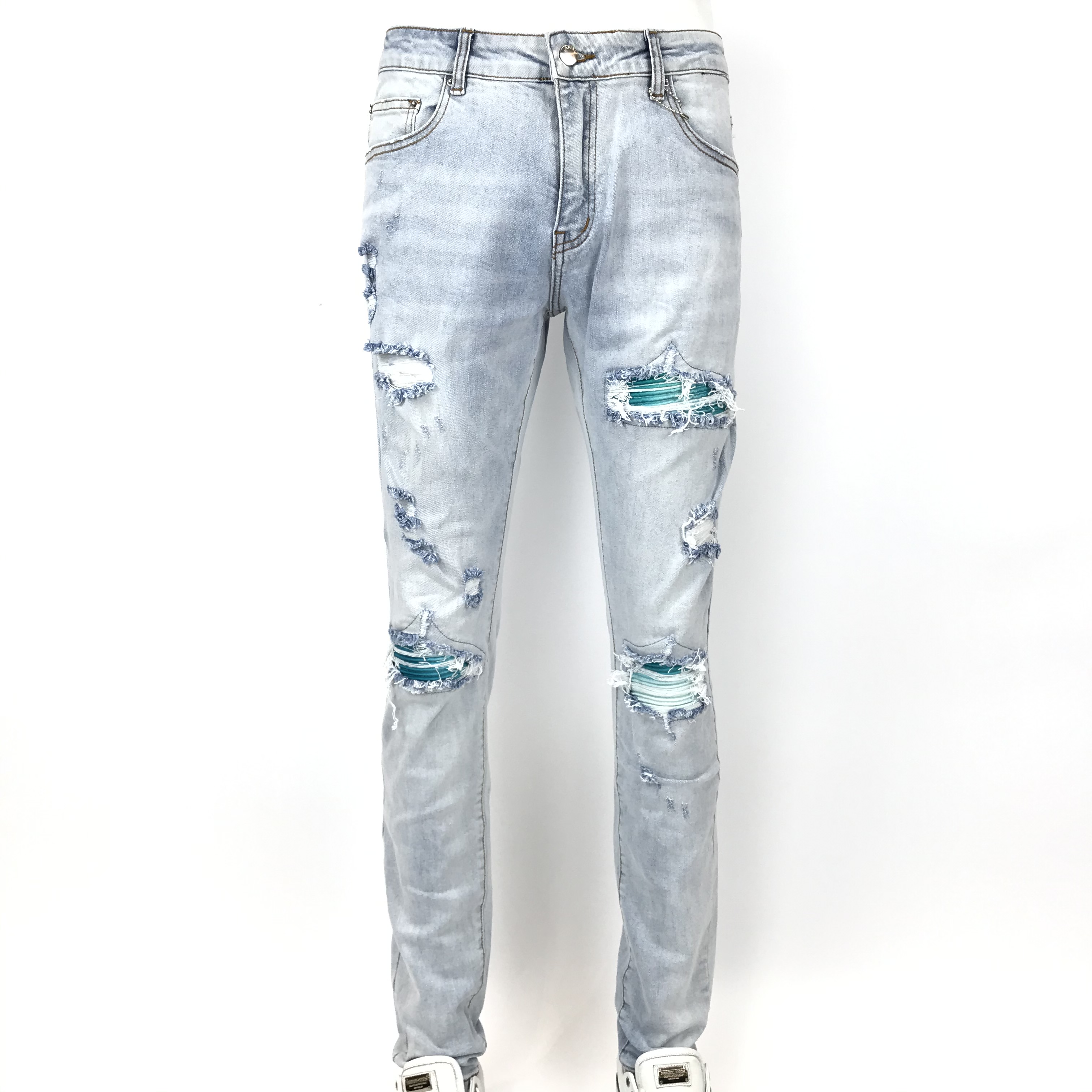 

Hot sale new style men's and women's jeans slim locomotive denim fashion trendy hip-hop men's jeans AM07, Photo color
