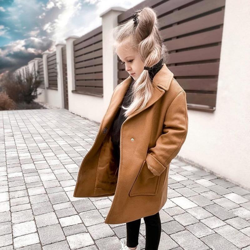 

INS Newest Little Girls woolen Coat Winter Children Double Pocket Long Coat Kids Lapel single-breasted coat A5134, Khaki