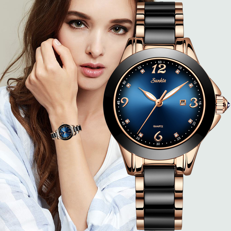 

SUNKTA Fashion Women Watches Ladies Top Brand Luxury Ceramic Rhinestone Sport Quartz Watch Women Blue Waterproof Bracelet Watch 201114, Rose gold blue