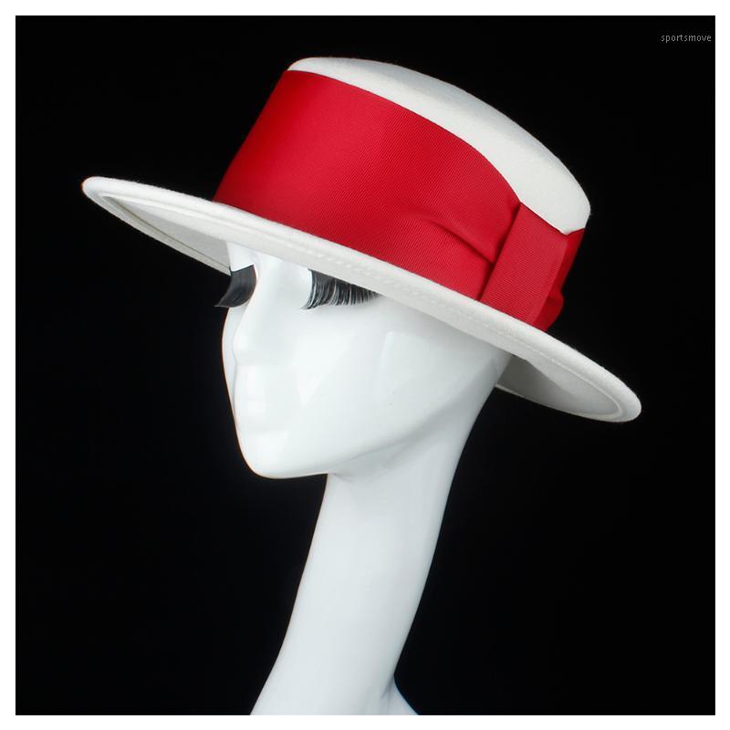 

100% Wool White Women Flat Top Hat With Ribbon Fedora Hat For Elegant Lady Wide Brim Porkpie Size 56-58CM1, Red