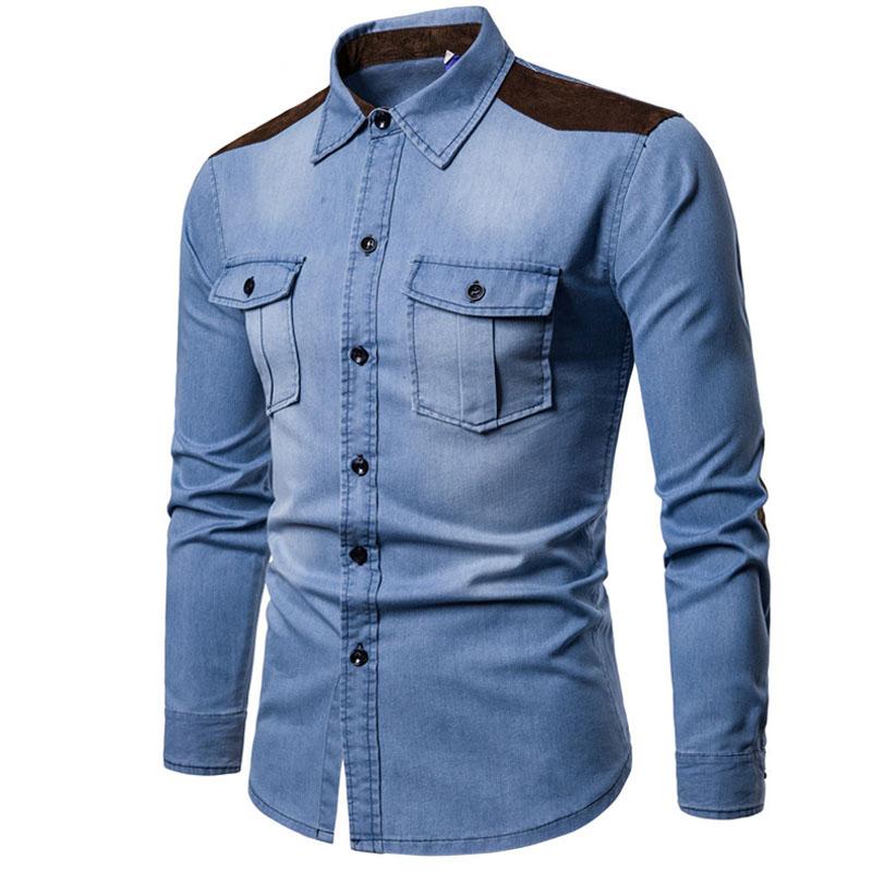 

Men's Denim Shirt Long Sleeve Casual Cotton Jeans Slim Suede Shirt Matching Solid Pocket Men's Tops Chemise Homme N5232, Light blue