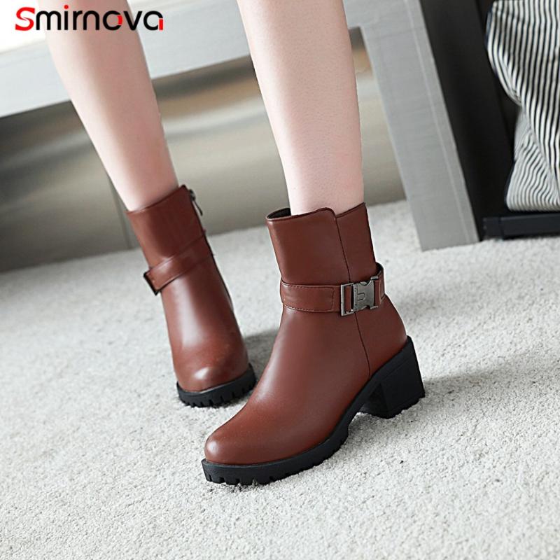 

Smirnova hot sale 2020 new arrival ankle boots metal decoration high heel boots round toe zip solid simple winter, Brown