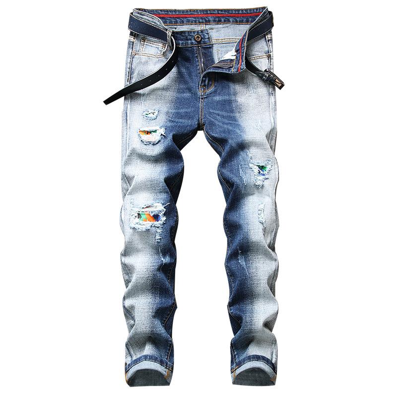 

Newest Denim Men Individuality Pants High Street Fashion Stretch Ripped Jeans Hombre Patchwork Jeans Two Tone Spliced Trousers, Blue