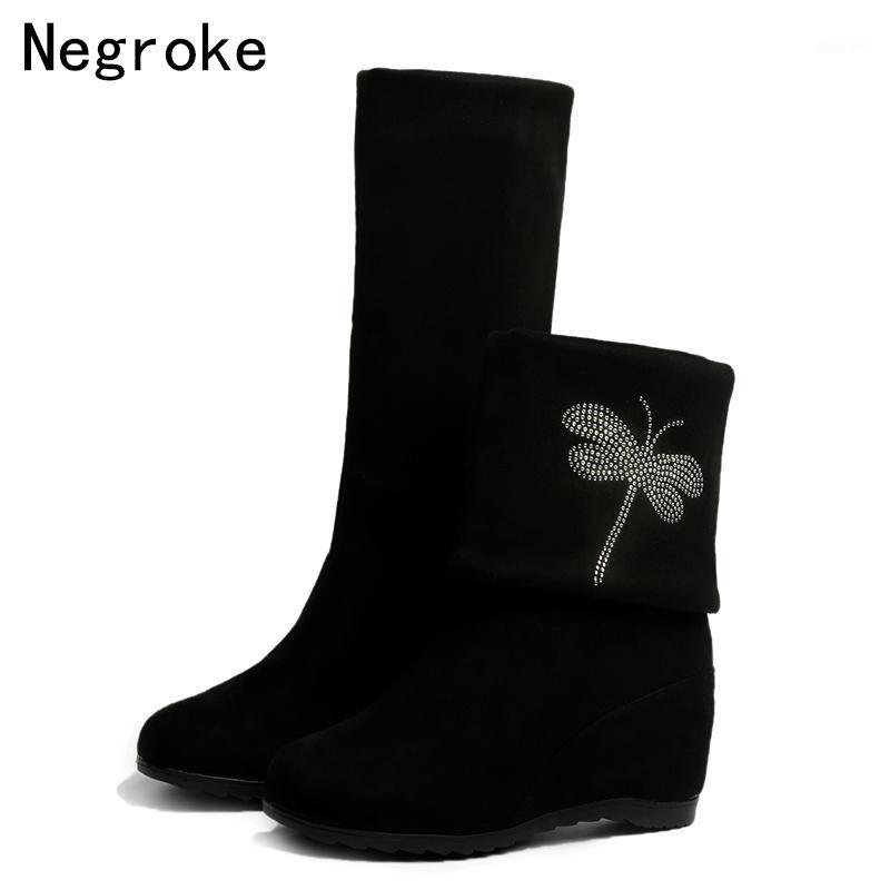 

Winter Boots Women Wedge Mid Calf Boots Ladies Crystal Foldable Black Suede Mother Shoes Woman Booties Bota Feminina1
