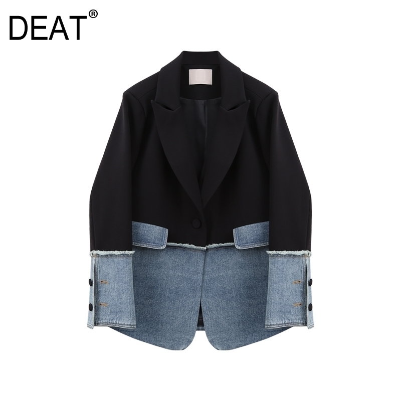 

[DEAT] Women Denim Spliced Hit Color Split Blazer New Lapel Long Sleeve Loose Fit Jacket Fashion Tide Spring Autumn 13S186 201201, Black
