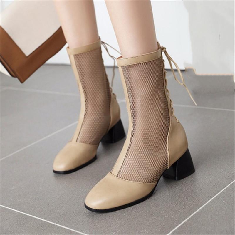 

PXELENA Women Mesh Summer Ankle Boots Gladiator Sandals 2020 Spring New Chunky High Heels Shoes Rome Breathable Lace Up Plus Sz, Black