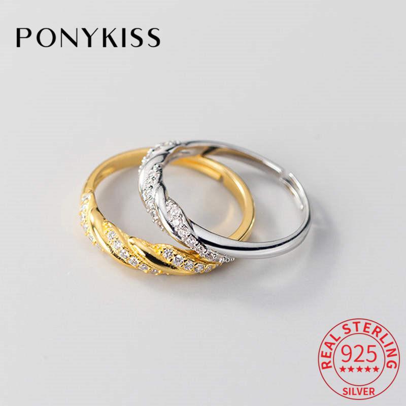 

PONYKISS Romantic S925 Sterling Silver Twist Zircon Adjustable Ring Women Anniversary Jewelry Prevent Allergy Accessories