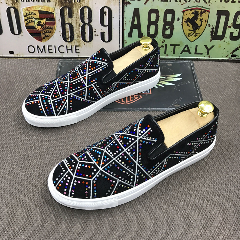 

Night Party Men's Fashion Dresses Genuine Leather Slip-on Shoes Platform Diamond Diamond-colored Male Personality Loafers Ofv9, Black