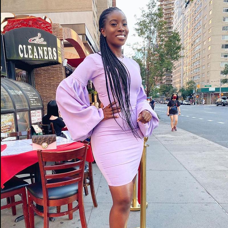 

Puff Sleeve Women' Purple Dress Autumn Solid Elegant Fashion Bodycon Mini Dress Lantern Sleeve Slim Stretchy Party Club Outfits