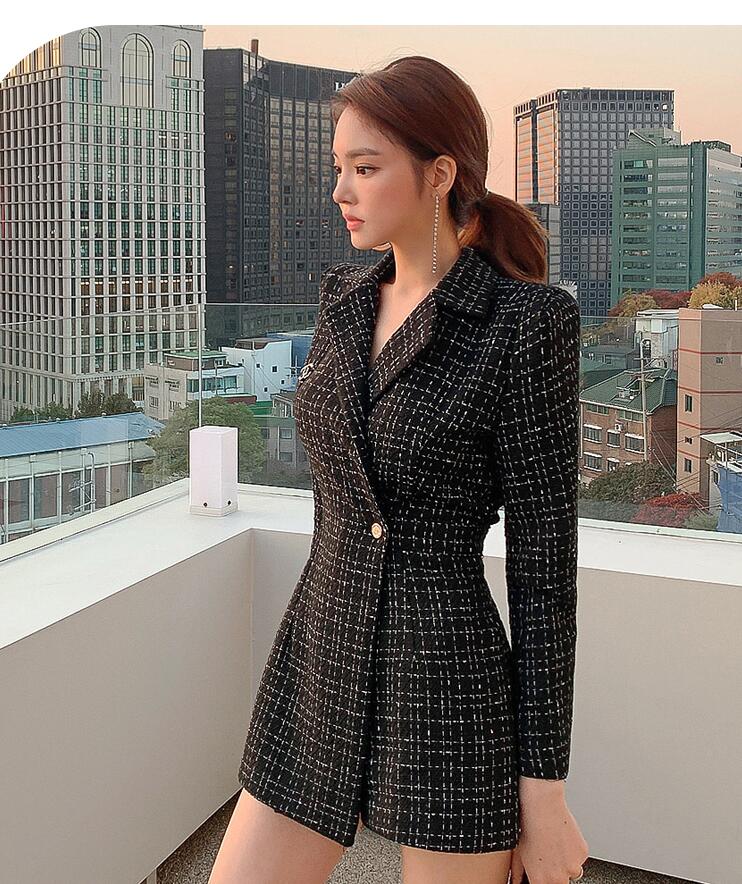 

2021 A Line V Neck High Quality Luxury Small Fragrance Wind Plaid Tweed Women Dresses Female Autumn Winter Single Button Ladies Outerwear, Black