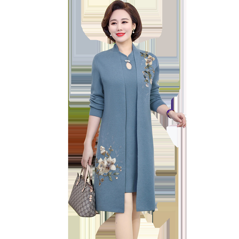 

2021 Autumn Winter Women's Clothing Noble Knitted Temperament Two-piece Fashionable Mother Skirt New Cheongsam Plus Sizejacket Hvm2, Khaki