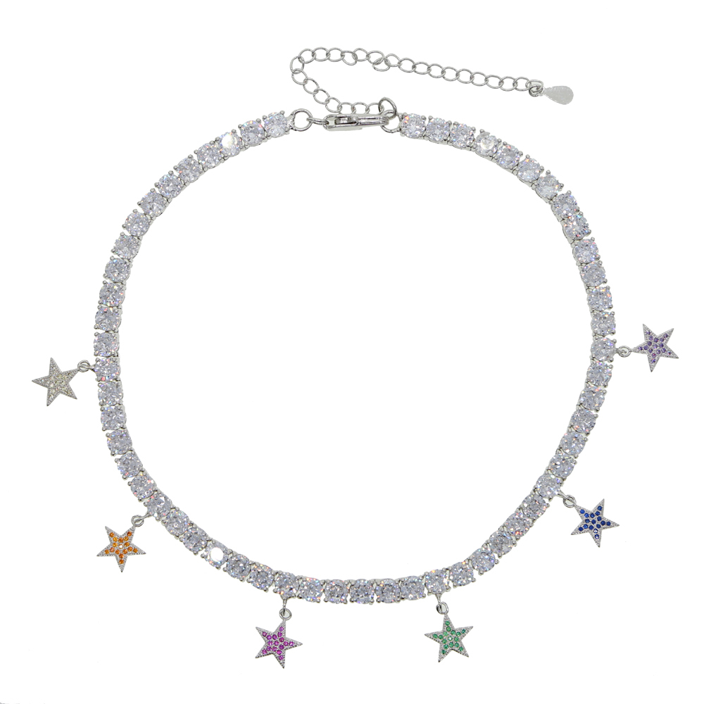 

New hip hop women 5A cz tennis chain choker necklace with rainbow Colorful cz star iced out hip hop bling choker for women X0509