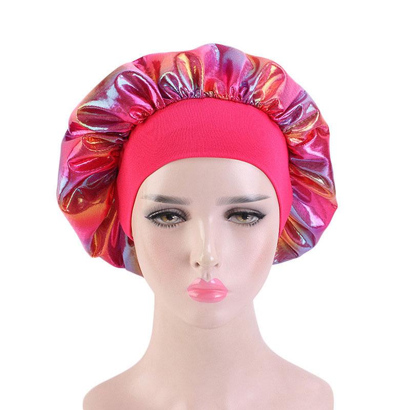 

New Women Big Size Laser Satin Print Satin Silk Bonnet Sleep Night Cap Head Cover Bonnet Hat for For Curly Springy Hair Black