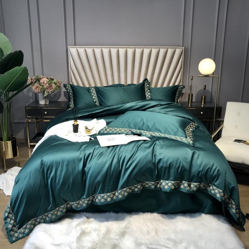 

4pc Luxury Gold Royal Embroidery Green White Gray Egyptian Cotton Wedding Bedding Set Duvet Cover Bed sheet Bed Linen Pillowcase, 2 grey