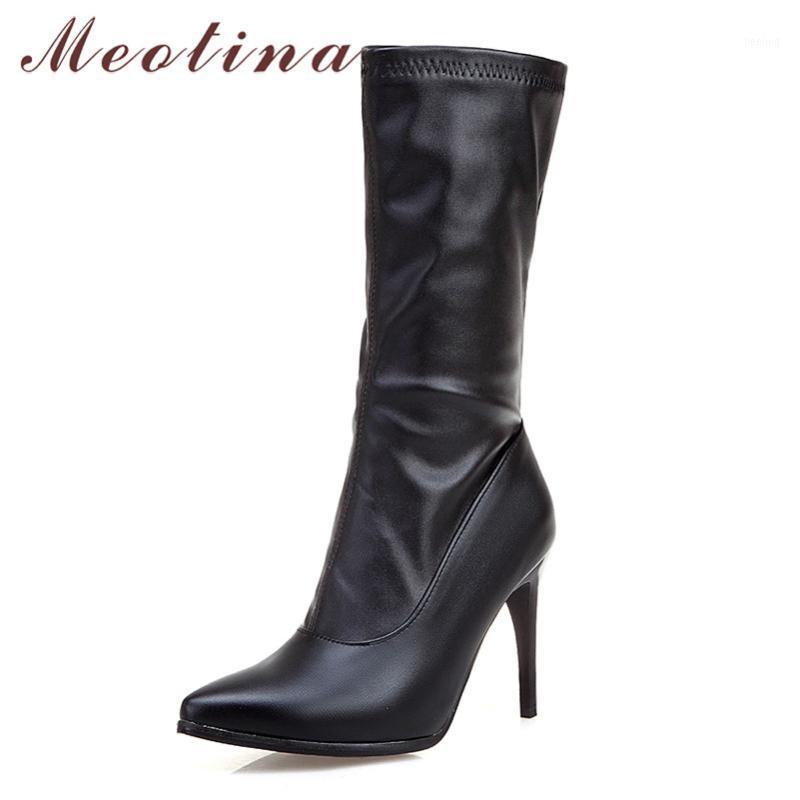 

Meotina Mid-Calf Boots Women Shoes Leopard Extreme High Heel Boots Pointed Toe Stiletto Heels Zipper Ladies Black Size 461