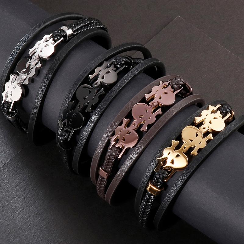 

Tennis Punk Stainless Steel Men's Bracelet Trible Layer Braided Genuine Leather Cuff Bracelets Bangles Gifts Viking Jewelry
