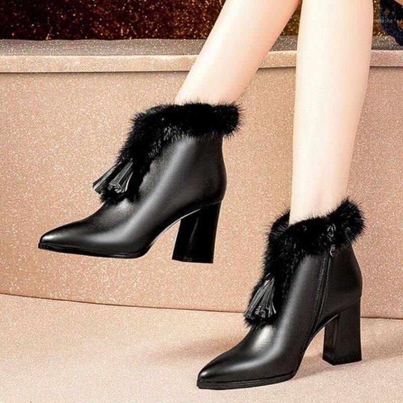 

Sexy pointed Toe Ankle Boots Women Pumps Thick Heel Keep Warm Knight boots Winter Short Plush Women shoes Zapatillas Mujer 20211, Black