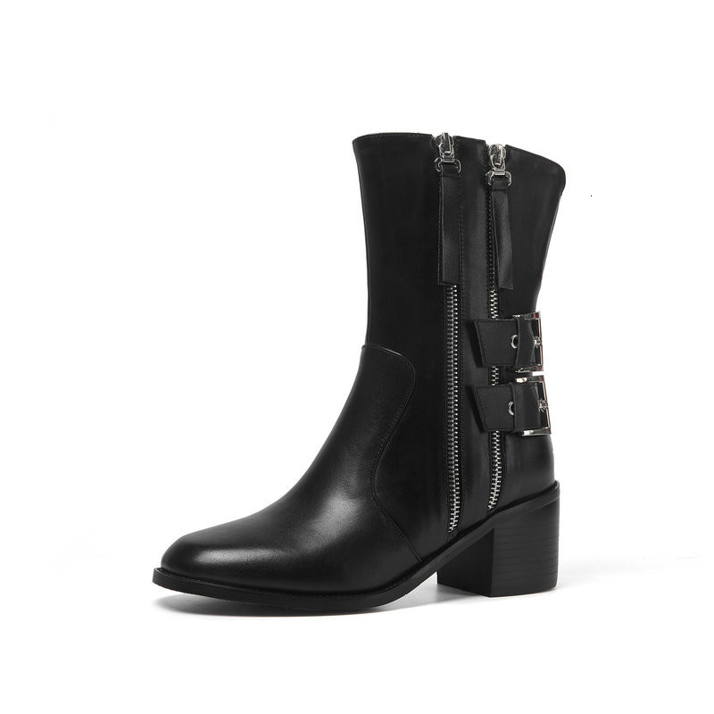 

2021 New Women Genuine Leather Ankle Chunky Heels Plus Size Party Dancing Shoes Woman Winter Fashion Short Boots Assg, Black 3cm