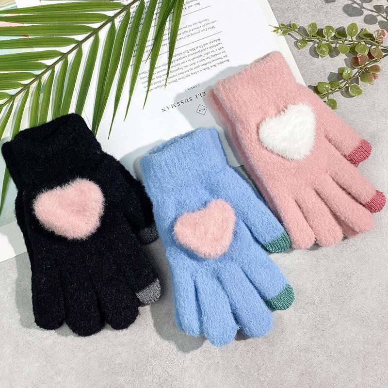 

Women Girls Lovely Fluffy Plush Pink Black Blue Color Warm Full Finger Winter Gloves Cute Heart Decoration Thick Mittens