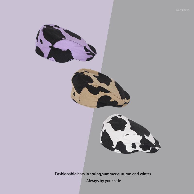 

The New Net Red with the Same Cow Pattern Beret Hat Female Summer British Retro Art Forward Hat Cap1, White