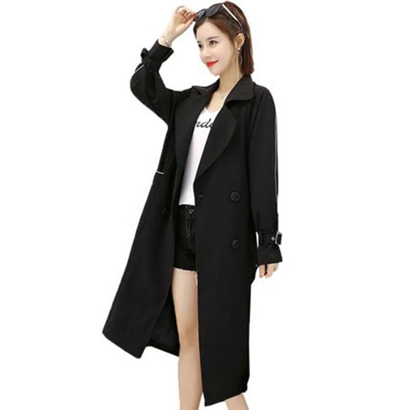 

2020 Women Turn Down Collar Trench Coat with Belt Female Double Breasted Long Windbreaker Lady Spring Autumn Loose Outwear F714, Black