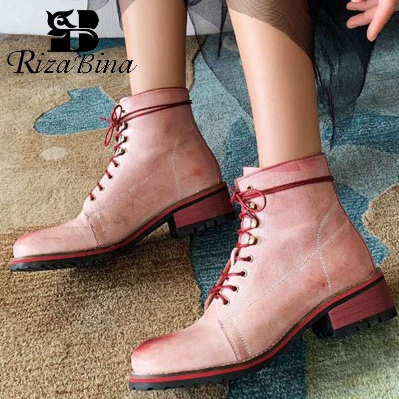 

RIZABINA 2020 Ins Hot Brand Ankle Boots Real Leather Flats Casual Shoes Woman Winter Outdoor Short Boots Footwear Size 34-40, Pink