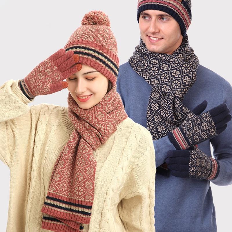 

Unisex Winter 3Pcs Pompom Beanie Hat Long Scarf Touch Screen Gloves Set Geometric Floral Jacquard Plush Lined Skull Cap