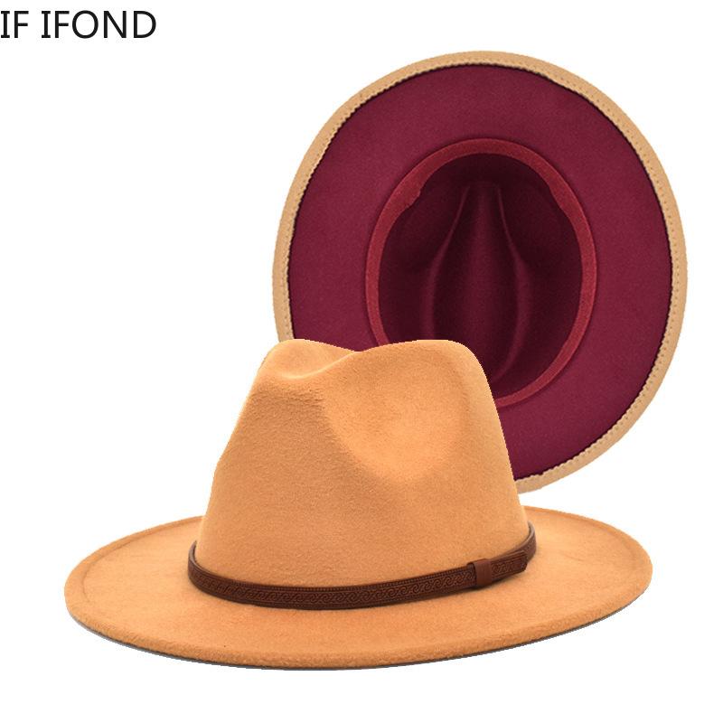 

Women Men Patchwork Wool Fedora Hat With Leather Ribbon Wide Brim Panama Party Cap Gentleman Elegant Wedding Hat