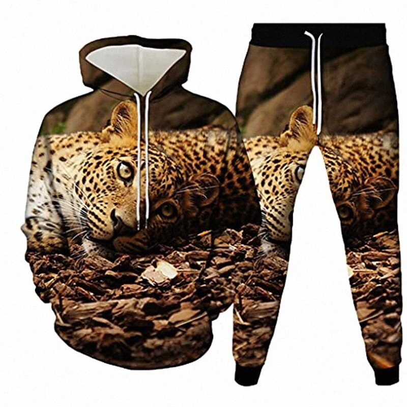 Spring Automne Unisexe 3D Imprimer Imprimer Animal Léopard 2pcs Suivi de Sweat à capuche et pantalon Sportswear Set comme Show14 XL 05f9 #