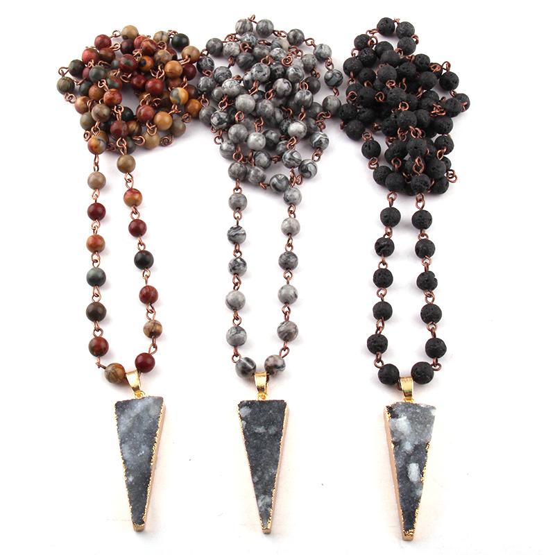 

Free Shipping Fashion Bohemian Tribal Jewelry 6mm Semi Precious Rosary Chain Natural Druzy Arrowhead Pendant Ethnic Necklace