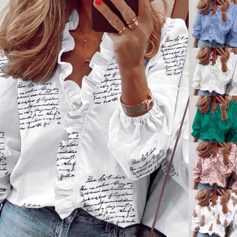 

38#Women' Summer Ruffle V-Neck Blouse Long Sleeve Solid Letters Print Brief Casual Shirts Sweet Elegant Autumn Thin Tops1, Green