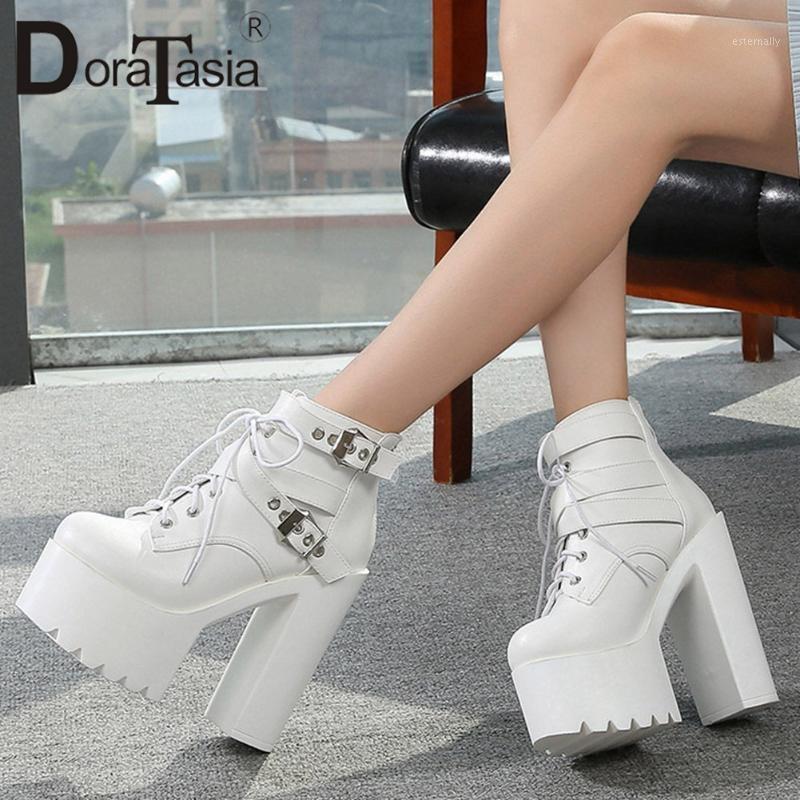 

DORATASIA Female Punk Block Heel Fashion Ankle Boots Brand Designer Solid Boots Women Buckle Lace Up Platform Shoes Woman1, Black