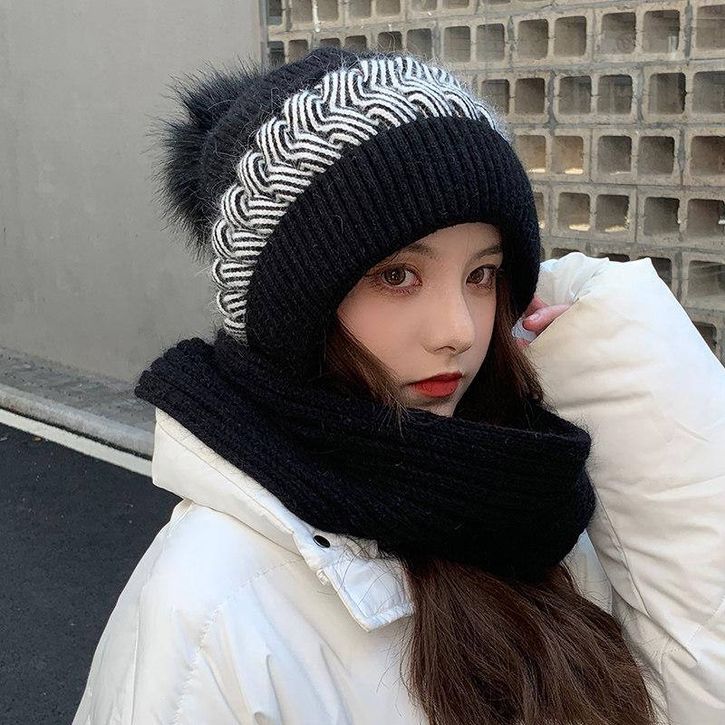 

Winter Women Sweet Knitted Beanie Hat With Scarf Plush Thick Warm Street Windproof Earflap Caps Elastic All Match Skullies Caps, Beige