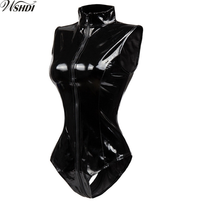 

S-XXL Red Black Latex Wet Look Bodycon Catsuit Sexy Faux Leather Bodysuit Zipper PVC Jumpsuit Cosplay Clubwear Dance Costume Y200401, Beige