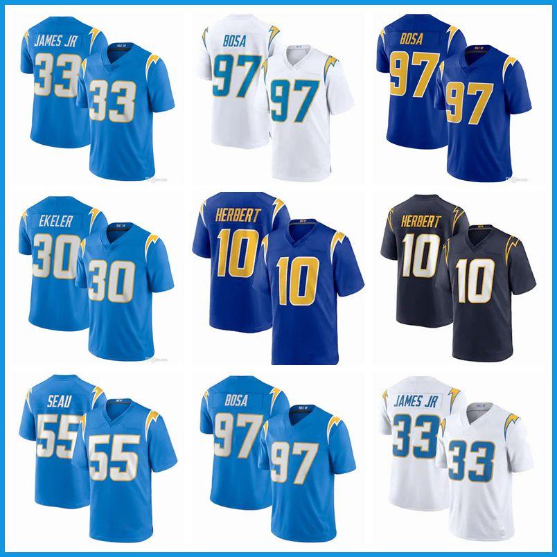

Los 10 Justin Herbert Angeles Football jersey Chargers 33 Derwin James Jr 30 Austin Ekeler 13 Keenan Allen 97 Joey Bosa Stitched, Shown