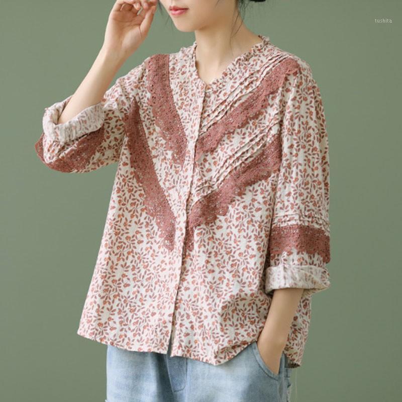 

Johnature 2020 Autumn New Retro Patchwork Lace Print Long Sleeve Shirt Loose Comfortable Fashion All-match Women Tops Shirts1, Multi