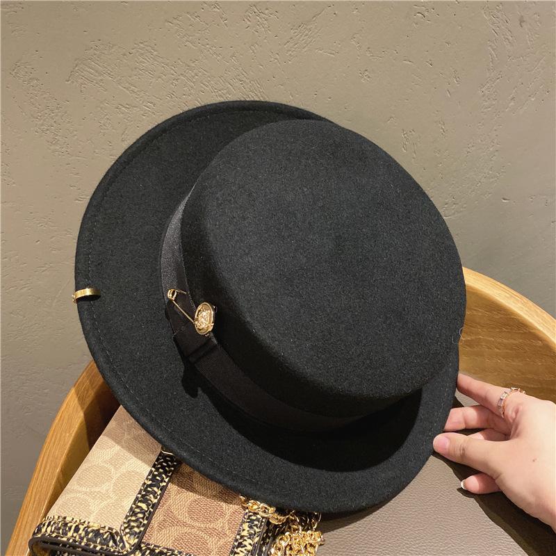 

Children's Korean Woolen Leather Belt Metal Pin Hat Autumn Winter Women's European And American British Retro Jazz Hat, Black