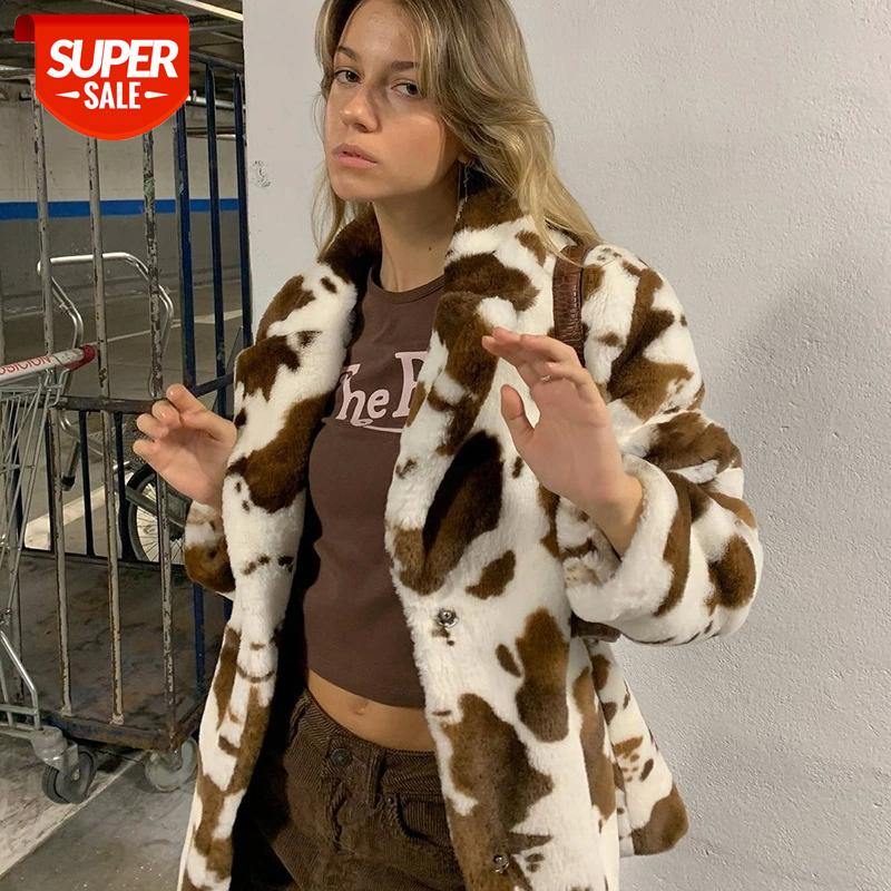 

ArtSu Autumn Winter Print Faux Fur Coat Women Casual Loose Bear Cow Warm Jacket Female Fashion Turn Down Collar Overcoat CO52024 #J72F, Black;brown