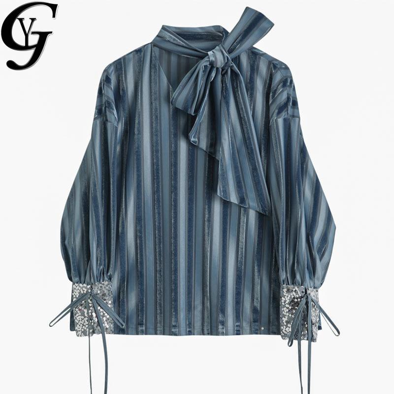 

2021 Ulzzang Fashion Bow Collared Striped Shirts Women Autumn Long Sleeve Tunique Tops Womem Blouse Femme Camisas De Top Mujer, Blue