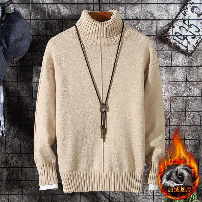 

New style Plush simple solid color versatile high collar sweater men's knitting bottoming fashion, Black