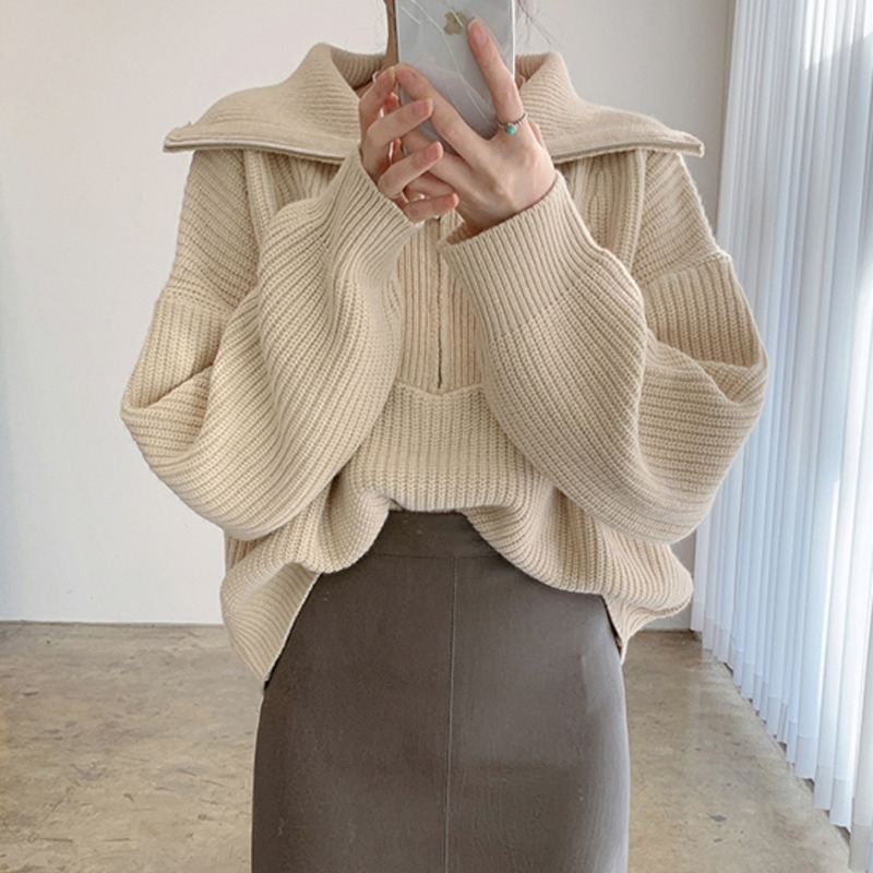 

SHENGPALAE Autumn Winter Women's Sweater Fashion Thick Warm High-neck Large Size Long Sleeve Zipper Knit Pullovers 5A311 201203