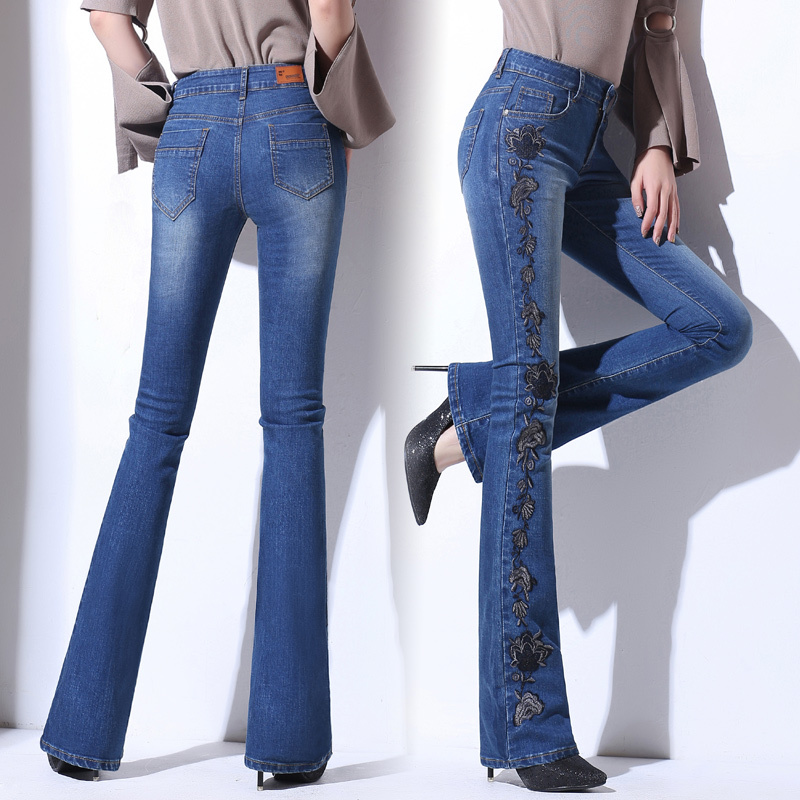 

Flower Autumn New Boredom Micro-la in Female Jeans High Waist Slim Slimming National Wide Leg-wide Wind Micro-pants Horn Mgmn, Blue