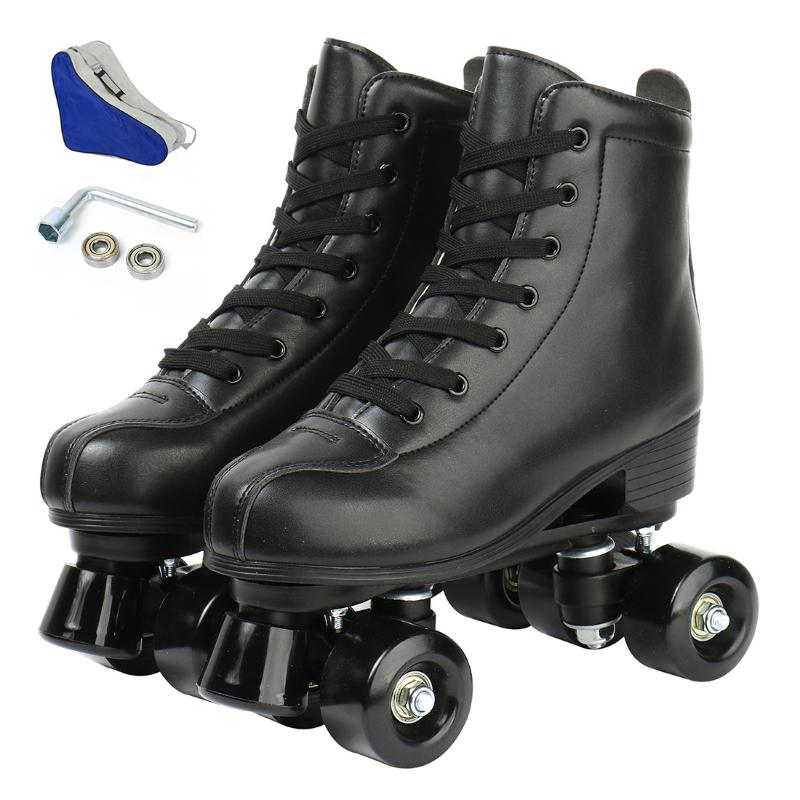 

Women Black Pu Leather Roller Skates Skating Shoes Sliding Inline Quad Skates Sneakers Training Europe Size 4 Wheels Flash Wheel, Black wheel