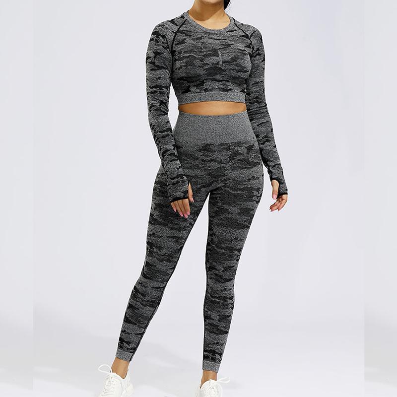 

LANTECH Sports Suits Set Women Yoga Sets Gym Fitness Athletic Pants Camouflage Leggings Sportswear Seamless Sports Shirts, Black