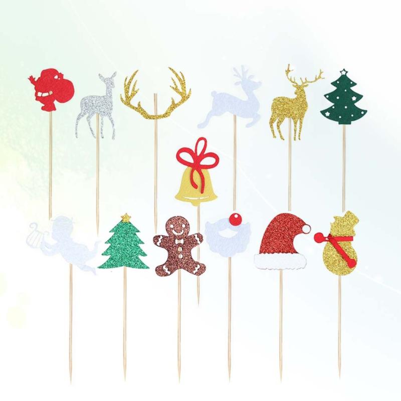 

14pcs Glitter Snowman Elk Xmas Tree Gingerbread Man Christmas Cake Toppers Picks for Christmas Birthday Cake Decoration Supplies