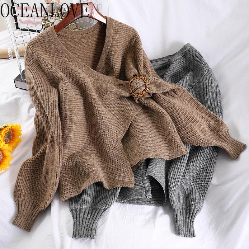 

OCEANLOVE V Neck Vintage Fashion Mujer Sueteres Solid Korean Autumn Winter Cardigans Elegant Ins 2020 Woman Sweaters 19269, Khaki